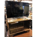 HONEY PINE MEDIA STAND AND SAMSUNG TV 59CM H X 86CM W X 44CM D AND DVD PLAYER