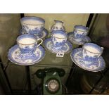 BLUE AND WHITE WILLOW PATTERN PART TEA SET AND OLD VINTAGE TELEPHONE