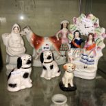 VICTORIAN AND REPRODUCTION STAFFORDSHIRE FIGURE GROUPS INCLUDING SPANIELS