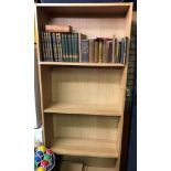 TWO OAK EFFECT BOOKCASES WITH ADJUSTABLE SHELVES H 200 W 80 D 28CM APPROX