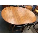 TEAK OVAL CROSSBANDED DINING TABLE AND FOUR CHAIRS 72CM H X 163CM W X 112CM D