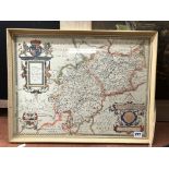 FACSIMILE ANTIQUARAN MAP OF WARWICK AND LEICESTERSHIRE FRAMED AFTER SAXTON 52CM X 40CM