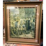 LITHOGRAPHIC PRINT QUEEN ELIZABETH OPENS THE FIRST ROYAL EXCHANGE F/G 54 X 64CM APPROX