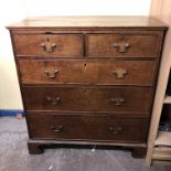 GEORGE III OAK CROSSBANDED CHEST OF TWO OVER THREE DRAWERS ON OGEE BRACKET FEET,