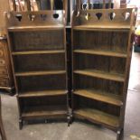 PAIR OF OAK OPEN GRADUATED BOOKSHELVES WITH CARVED PIERCED GALLERY BACK (DIMENSIONS-W.55CM,H.