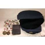 TWO RAF BERETS AND A BAG OF ENAMELLED LAPEL AND MILITARY CAP BADGES