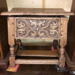 REPRODUCTION OAK CARVED JACOBEAN STYLE JOYNT STOOL BOX (DIMENSIONS-W.49CM,H.46CM,D.