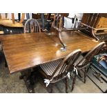 OAK PLANK TOP REFECTORY TABLE WITH FIVE ARCHED SPINDLE BACK CHAIRS