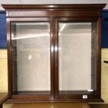 VICTORIAN MAHOGANY WALL MOUNTED GLAZED TWO DOOR CABINET WITH SILK LINED BACK (DIMENSIONS-W.71CM,H.