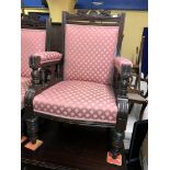 EDWARDIAN OAK GENTLEMAN'S ARMCHAIR UPHOLSTERED IN PINK SCALLOP SHELL BROCADE