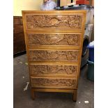 CARVED HARDWOOD FIVE DRAWER CHINOISERIE CHEST (DIMENSIONS-W.54CM,H.99CM,D.