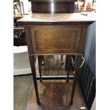 EDWARDIAN MAHOGANY NEEDLEWORK BOX WITH FOLD OUT HINGED LEG ON TAPERED LEGS WITH SPADE FEET