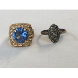 SILVER MARCASITE MARQUISE RING SIZE R AND A ROSE METAL COLOURED BLUE GLASS AND DIAMANTE DRESS RING