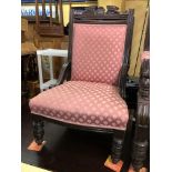 EDWARDIAN OAK LADIES NURSING CHAIR UPHOLSTERED IN PINK SCALLOP SHELL BROCADE