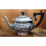 SILVER REPOUSSE BATCHELOR TEAPOT WITH ANGULAR HANDLE HALLMARKED BIRMINGHAM 13OZ APPROX