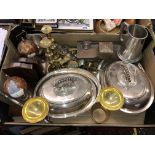 CARTON CONTAINING TWO EPNS ENTREE DISHES, GOBLETS, BRASS CANDLESTICKS AND OTHER BRASSWARES,