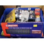 CARTON OF VARIOUS LIGHTBULBS, PICTURE HANGING KIT,