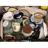 TWO CARTONS OF VARIOUS DENBY AND OTHER STONEWARES BLUE AND WHITE TRANSFER PRINTED WARE,