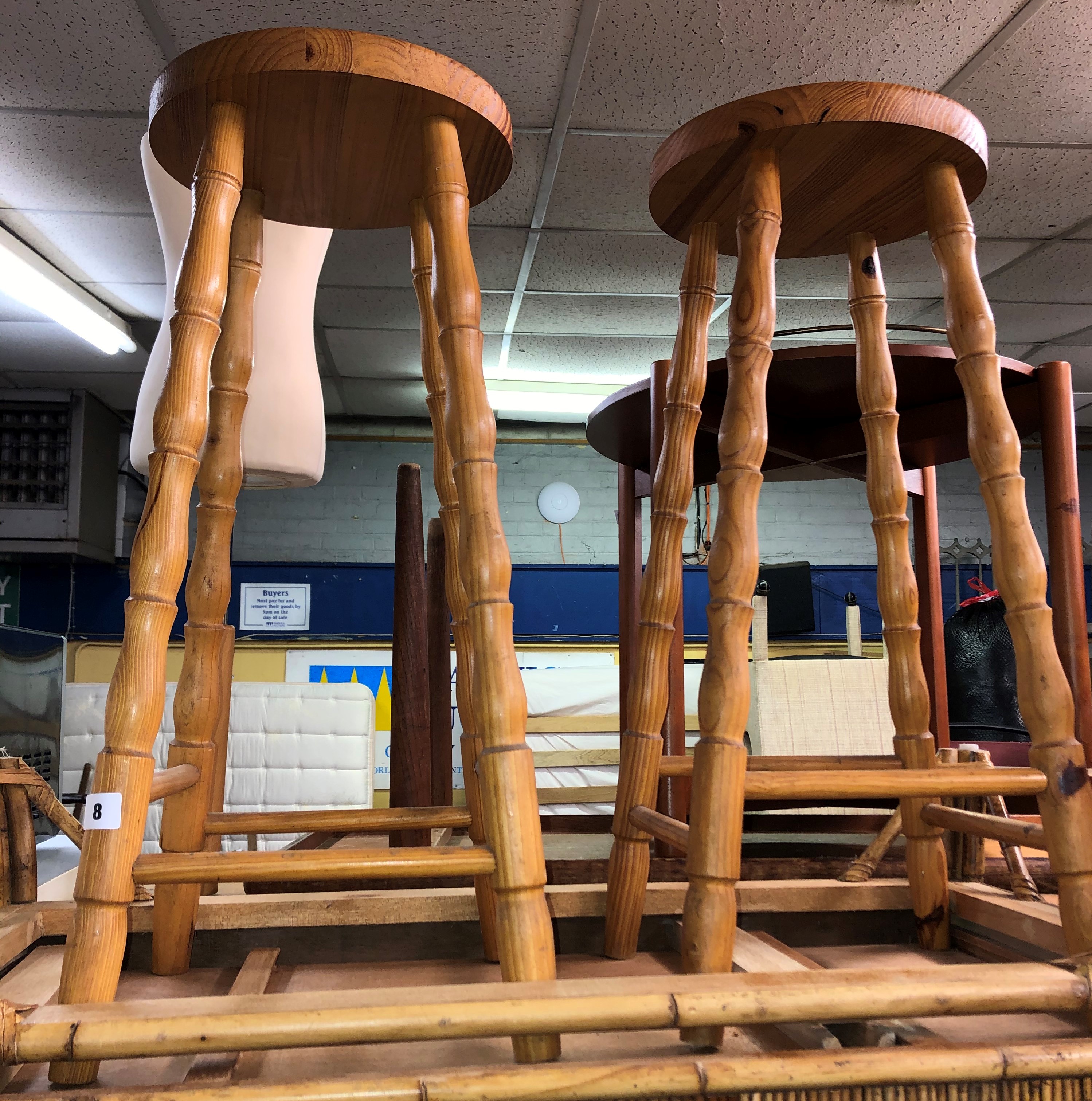 PAIR OF PINE TURNED LEG KITCHEN STOOLS