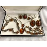 SELECTION OF AMBER, CABOCHON, WHITE METAL AND AGATE JEWELLERY - BRACELETS, CLIP-ON EARRINGS,