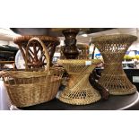 FOUR WICKER WORK STOOLS AND A BASKET