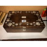 ROSEWOOD AND MOTHER OF PEARL INLAID BOX WITH VELVET LINED TRAY