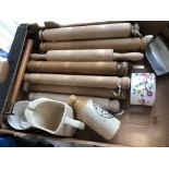 BOX OF VARIOUS VINTAGE ROLLING PINS AND STONEWARE JARS