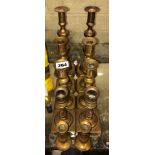 FIVE PAIRS OF BRASS BALUSTER KNOPPED CANDLESTICKS