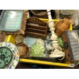 CRATE OF VARIOUS CERAMICS, ROBERTS RADIO, STATIONERY RACK,