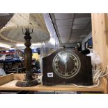 ELECTRIFIED MANTEL CLOCK AND WOODEN TABLE LAMP