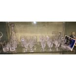 SHELF OF CUT GLASSWARES INCLUDING DECANTER AND WATER JUG