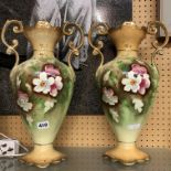 PAIR OF VICTORIAN STAFFORDSHIRE TWIN HANDLED FLORAL VASES 41CM H APPROX