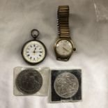 SILVER CASED FOB WATCH AND A VINTAGE LANCO WRIST WATCH,