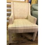 PAIR OF LIGHT CREAM FABRIC UPHOLSTERED ARMCHAIRS ON BALL CASTERS