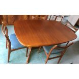 TEAK CROSS BANDED OVAL DINING TABLE AND SIX TEAK LADDER BACK CHAIRS