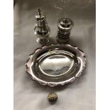 SMALL SILVER OVAL PIN DISH, BALUSTER CONDIMENT AND ONE OTHER 3.