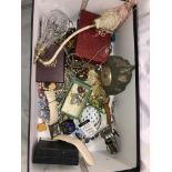 BOX OF LADIES DRESS WATCHES, CERAMIC PATCH BOX, BEADS,