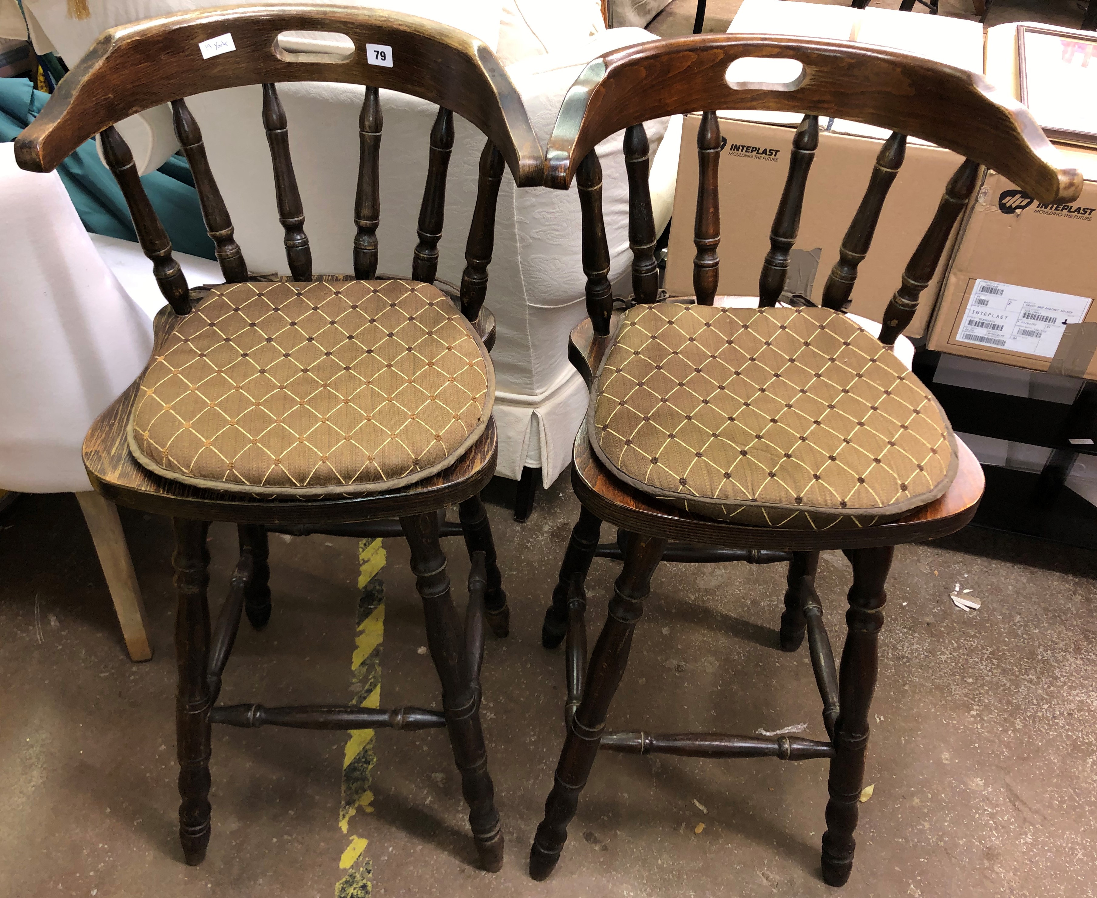 PAIR OF DARK PINE SPINDLE BACK KITCHEN HIGH STOOLS