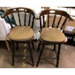 PAIR OF DARK PINE SPINDLE BACK KITCHEN HIGH STOOLS