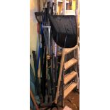 SELECTION OF GARDENING TOOLS INCLUDING RAKES, SNOW SHOVEL, HEDGE CUTTERS, ETC.