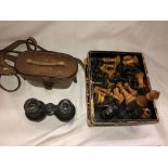 SMALL PAIR OF ROSS OF LONDON BINOCULARS IN LEATHER CASE AND A SMALL BOX CONTAINING CHESS PIECES
