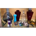 SHELF OF DECORATIVE COLOURED GLASSWARES INCLUDING PAPERWEIGHTS,