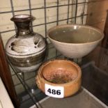 ST IVES STUDIO POTTERY CONICAL BOWL AND TWO OTHER PIECES OF STUDIO POTTERY WARE