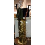 BRASS EMBOSSED CYLINDRICAL CANE STAND WITH CANES AND UMBRELLA,