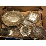 EPNS A1 EMBOSSED CAKE BASKET, ENGRAVED SALVER, LIDDED GLASS BISCUIT BARREL, PRESERVE DISH,