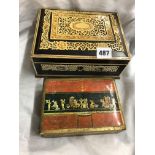 BONE INLAID DECORATIVE BOX WITH PULL OUT TRAY 20CM W X 16CM D X 9CM H APPROX AND A SMALL PAPIER
