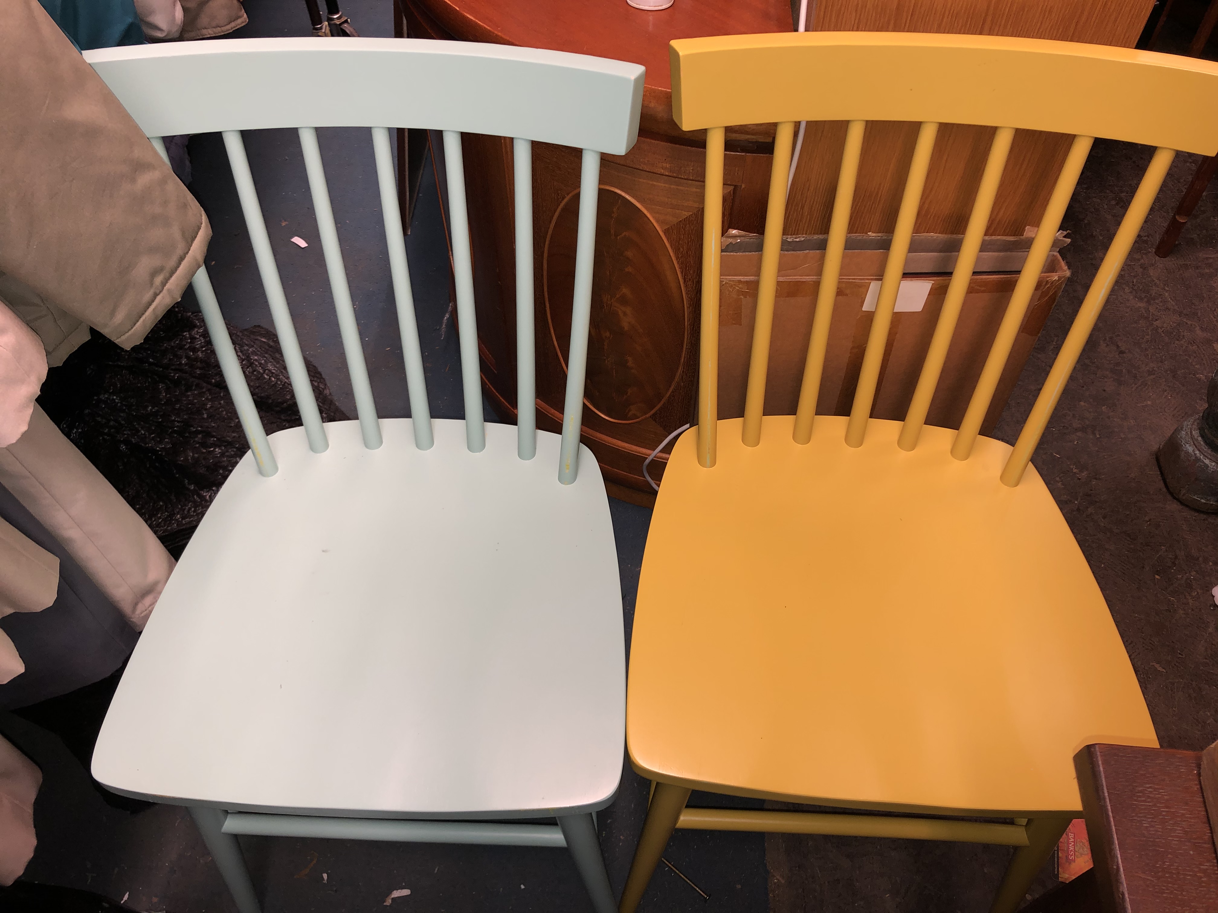 PAIR OF TURQUOISE STICK BACK PAINTED CHAIRS AND PAIR OF MUSTARD PAINTED CHAIRS