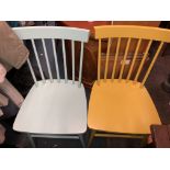 PAIR OF TURQUOISE STICK BACK PAINTED CHAIRS AND PAIR OF MUSTARD PAINTED CHAIRS