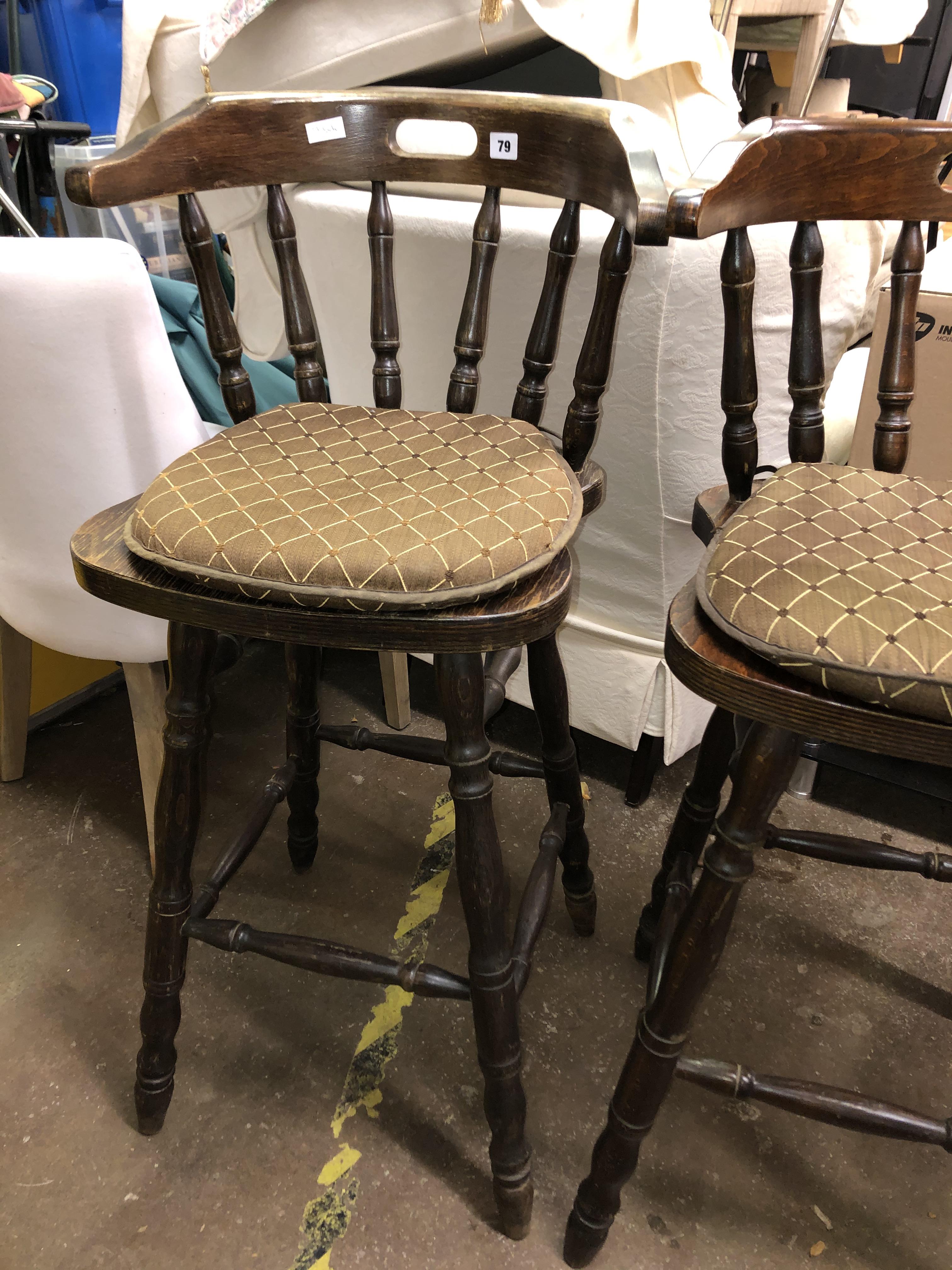 PAIR OF DARK PINE SPINDLE BACK KITCHEN HIGH STOOLS - Image 2 of 3