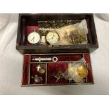 JEWELLERY BOX OF MISCELLANEOUS PLATED POCKET WATCHES, WATCH CHAINS, ENAMEL BADGES AND WHISTLE,